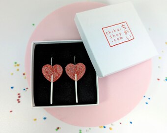 Heart lollipop earrings on acrylic and Sterling silver hoops / Valentine earrings / love jewellery / laser cut earrings / Woman gifts