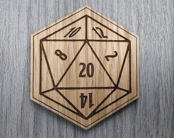 D20 role dice coaster, D&D wooden coaster, role play coasters, minimalist RPG dice Oak veneer coaster