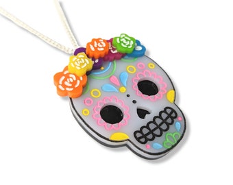 Halloween Catrina skull necklace acrylic / Dia de los muertos pendant/ skull necklace/ Calavera mexican skull halloween pendant necklace