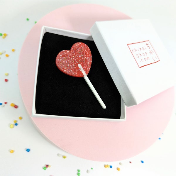 Lollipop heart brooch on acrylic / Glittery Heart statement brooch/ Valentine's day Lollipop acrylic pin / Heart brooch / Love brooch pin