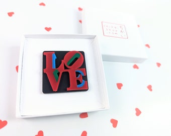 Love brooch acrylic / love art badge/ love silver plated art pin badge/ statement brooch jewelry, love art sculpture inspired