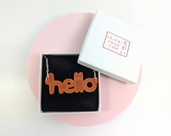 Hello necklace on neon pink translucent acrylic with silver plated chain / statement necklace / acrylic necklace / letter necklace