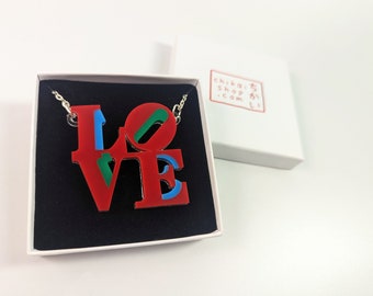 Love necklace acrylic / love art pendant/ love silver plated art chain necklace/ statement necklace jewelry, love art sculpture inspired