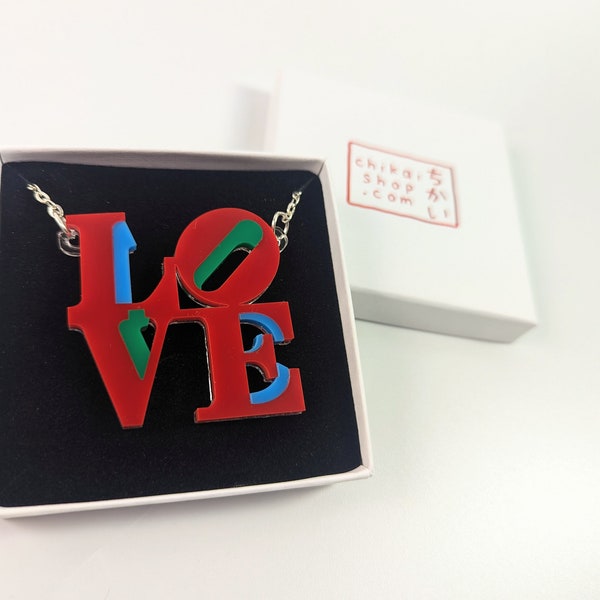Love necklace acrylic / love art pendant/ love silver plated art chain necklace/ statement necklace jewelry, love art sculpture inspired