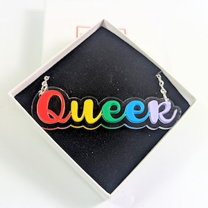 Queer necklace acrylic, rainbow jewelry, LGTBI necklace, lesbian gay trans gifts, LGBTI statement piece, bold gay necklace, pride necklace