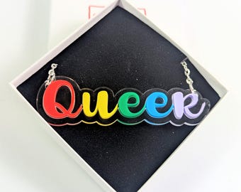 Queer necklace acrylic, rainbow jewelry, LGTBI necklace, lesbian gay trans gifts, LGBTI statement piece, bold gay necklace, pride necklace