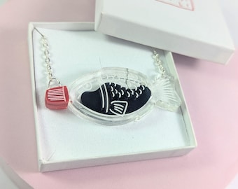 Soy Sauce fish container necklace Japanese bento acrylic pendant/ Japanese food lover / sauce dispenser / sushi jewelry / sashimi shoyu-tai
