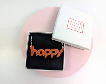 happy necklace on neon pink translucent acrylic with silver plated chain / statement necklace / acrylic necklace / letter necklace