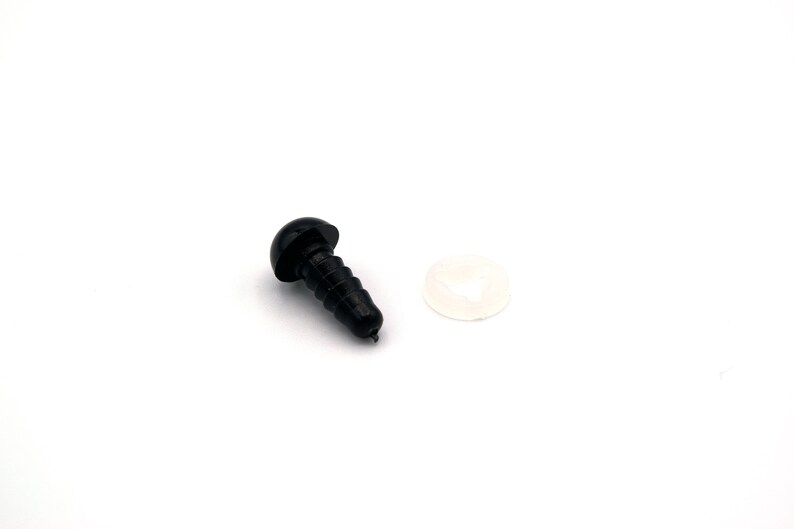 May include: Black plastic safety eyes with a threaded back for attaching to stuffed toys or crafts. The eyes come with a white plastic washer.