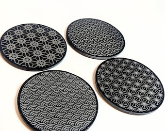 Japanese coaster 4 pack in slate traditional Japanese patterns, Japan coaster laser engraved