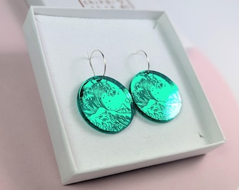 Hokusai Great wave acrylic hoop earrings / Sterling silver hoops / Japanese art Acrylic jewelry / laser cut earrings, japan lover gift