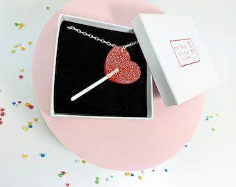 Lollipop heart necklace on acrylic with silver plated chain / Glittery Heart statement necklace / Valentine's day Lollipop acrylic necklace