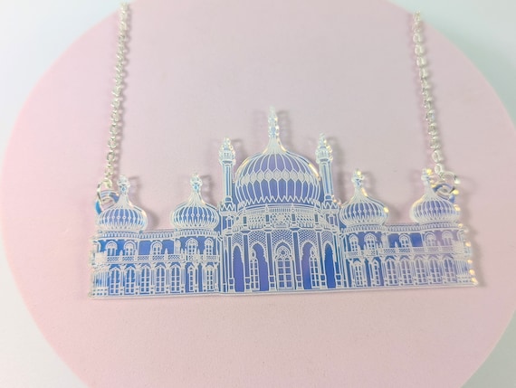 Brighton Pavilion necklace on iridescent clear acrylic with silver plated chain / statement necklace / acrylic necklace / Royal Pavilion