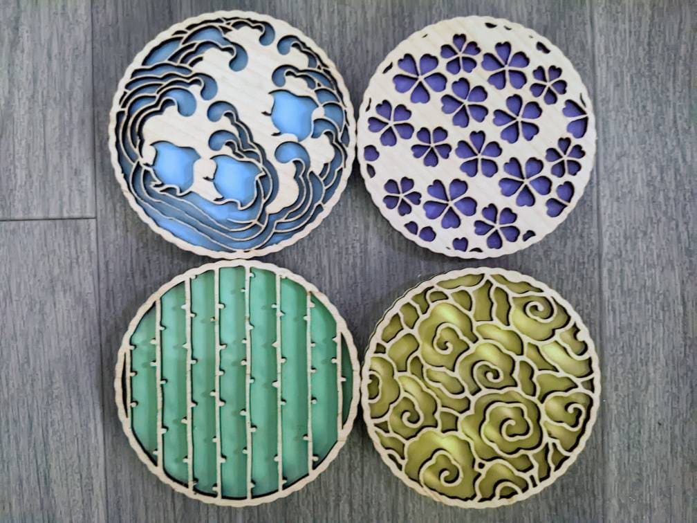 Japanese Patterns Coasters Set of 4 Pastel Colours / Japanese
