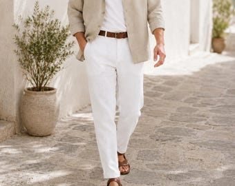 Men's Linen Pants, White Lightweight Trousers, Breathable Clothing
