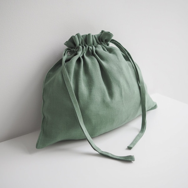 Linen drawstring bag. Linen pouch, eco-friendly lunch bag in eucalyptus green.