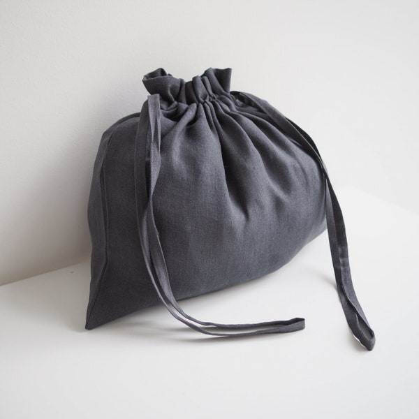 Linen drawstring bag. Linen organizer pouch in charcoal.