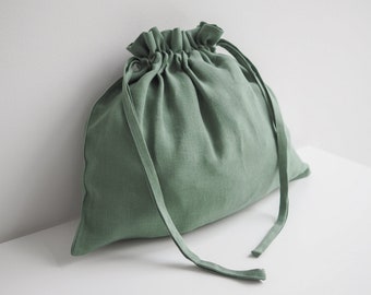 Sac à cordon en lin. Pochette en lin, sac à lunch écologique en vert eucalyptus.