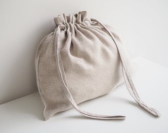 Linen drawstring bag. Linen pouch, soft linen storage bag in natural linen.