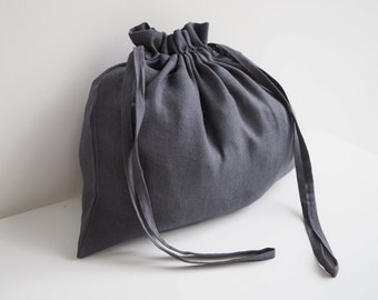 Linen drawstring bag. Linen organizer pouch in charcoal.