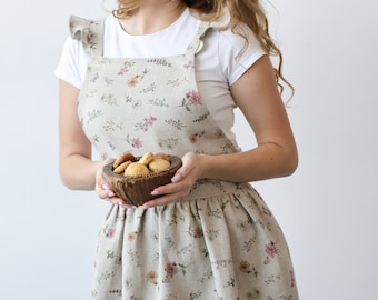 Linen Pinafore Apron with Ruffles, Floral Print, Cottage Style Apron