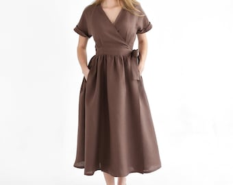 Vestido cruzado de lino, vestido midi marrón, atuendo para invitada de boda