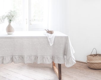Striped linen tablecloth. Ruffled rectangle tablecloth. Heavy linen thick linen tablecloth.