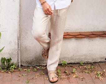 Men’s Linen Joggers, Beige Stonewashed Linen Pants for Men, Casual Summer Drawstring Pants