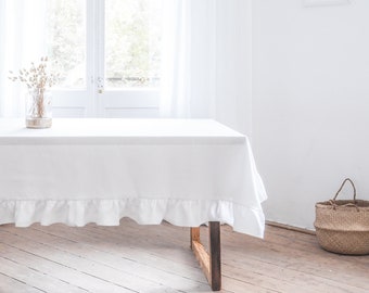 White linen tablecloth. Ruffled rectangle tablecloth. Heavy linen thick linen tablecloth