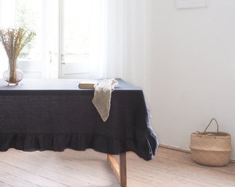 Charcoal linen tablecloth. Ruffled rectangle tablecloth. Heavy linen thick linen tablecloth