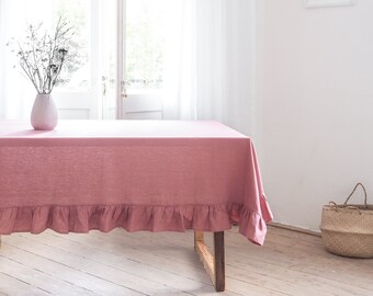 Dusty pink linen tablecloth. Ruffled rectangle tablecloth. Heavy linen thick linen tablecloth