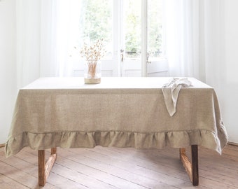 Ruffled tablecloth made of stonewashed rustic linen. Rustic tablecloth