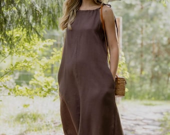 Brown Linen Midi Dress, Sleeveless, Breathable Linen Wear