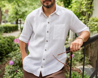 Men's White Linen Shirt, Short Sleeve Button Up, Beach Wedding Shirt, Lightweight Summer Vacation Shirt
