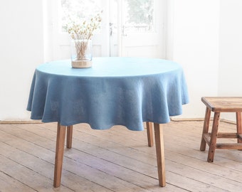 Blue round linen tablecloth. Thanksgiving tablecloth