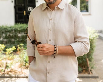 Natuurlijk linnen overhemd voor heren, linnen met lange mouwen dichtgeknoopt, handgemaakt zomershirt, casual beige strandshirt