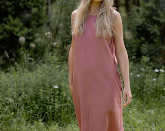 Pink Linen Summer Dress, Midi with Pockets