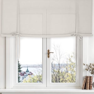 Linen tie up curtains. Tie up shades. Roll up curtain.