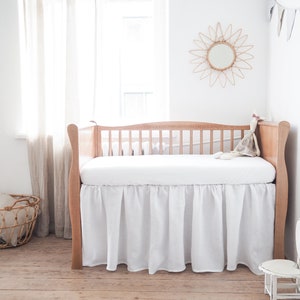 Linen crib skirt. Pure white ruffled crib skirt.