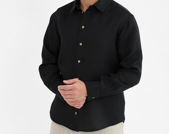 Black linen shirt. Long sleeve shirt. Mens linen shirt.