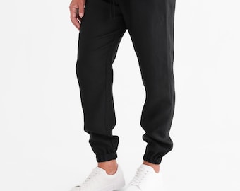 Mens Black Linen Joggers, Handmade Stonewashed Pants, Relaxed Summer Trousers