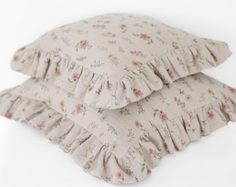 Linen Throw Pillow with Ruffles, Floral Couch Pillow