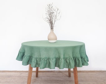 Eucalyptus green linen tablecloth | round tablecloth with ruffle