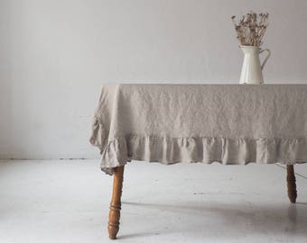 Ruffled linen tablecloth. Farmhouse-style linen tablecloth