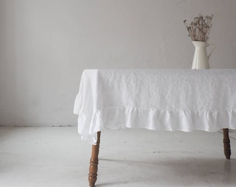 Ruffled linen tablecloth. Custom size