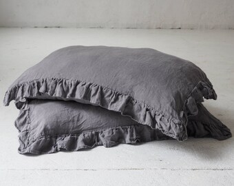 Rustic ruffled linen pillowcases custom True gray ruffled linen pillow cases