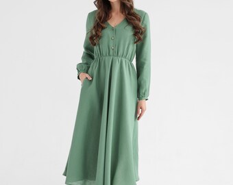 Eucalyptus Green Linen Dress, V-Neck Puffed Sleeve Dress