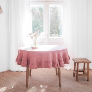Dusty pink round linen tablecloth. ruffled linen tablecloth. large tablecloth