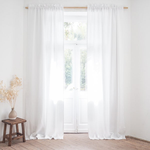Pure white heavy linen curtain panel (280 g/m2) with decorative header. rod pocket curtain panel / 1 pcs