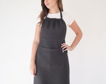 Charcoal linen apron. Classic linen apron. Apron for women.